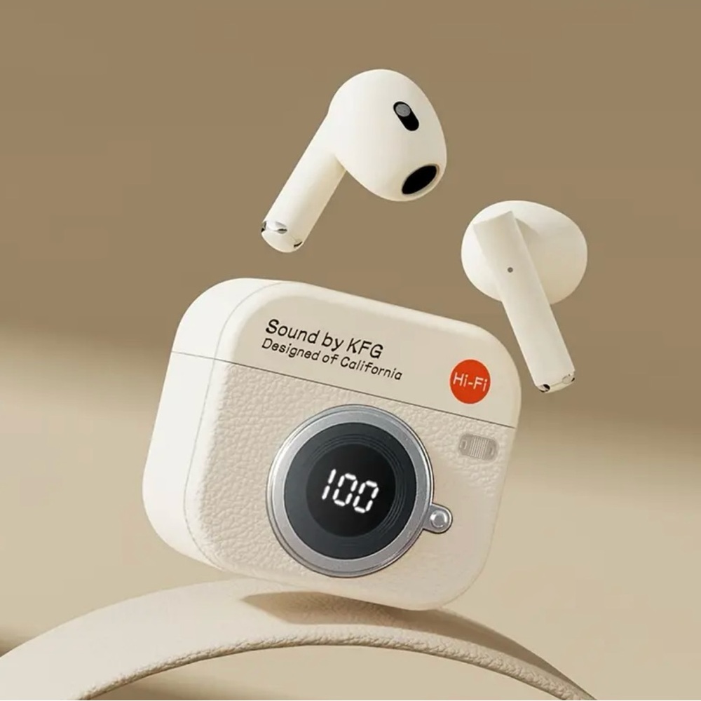 Wireless Earbuds with LED Display Charging Case Earphones BT 5.4 with Mic, Cream